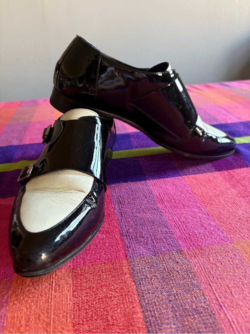Women’s  Black Patent Leather Double Monk Strap Shoes size 39 in black and white